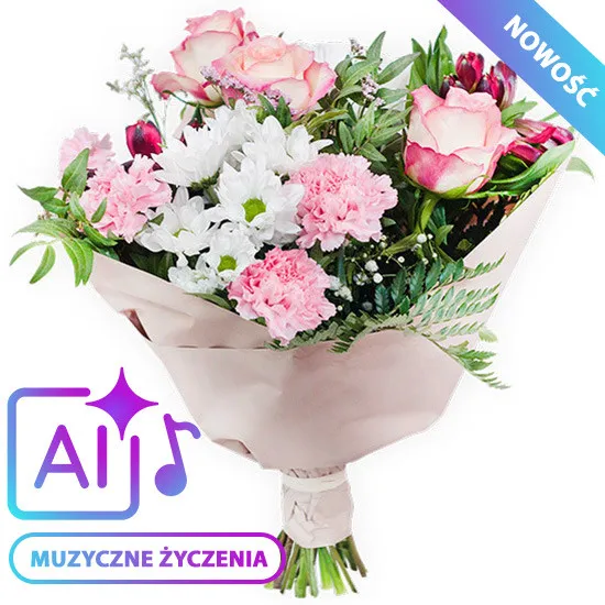 Bukiet pastelowy z muzycznymi życzeniami (AI) 