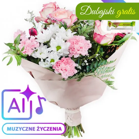 Bukiet pastelowy z muzycznymi życzeniami (AI) 