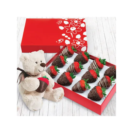 Truskawki W Gorzkiej I Białej Czekoladzie W Posypce Kakaowej + Pluszowy Miś