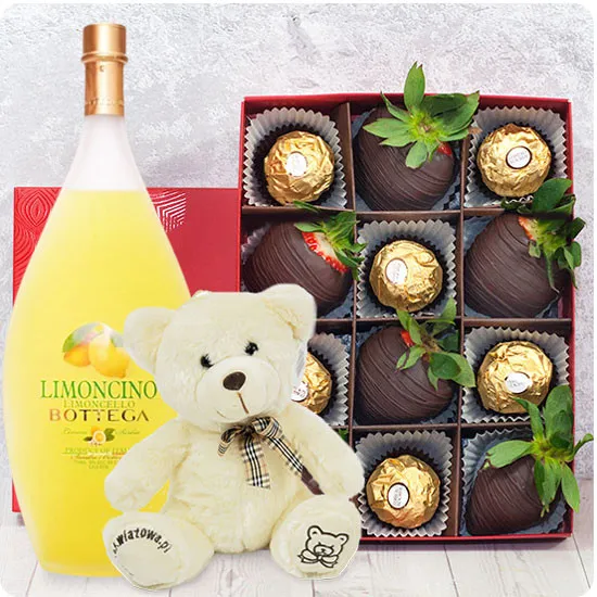 Dark And Gold W Gorzkiej Czekoladzie Z Ferrero Rocher + Likier Bottega Limoncino I Miś Pluszowy