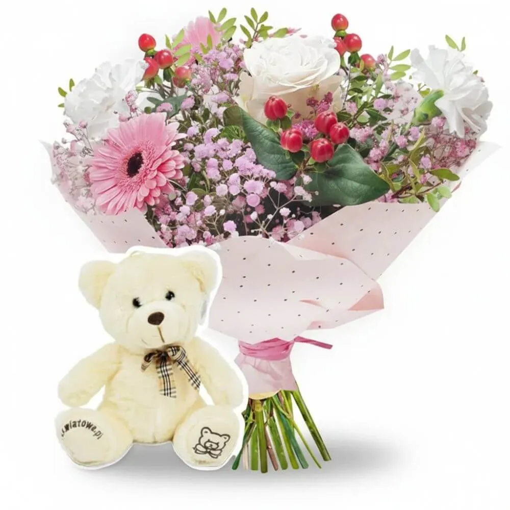 Bukiet pudrowy z misiem